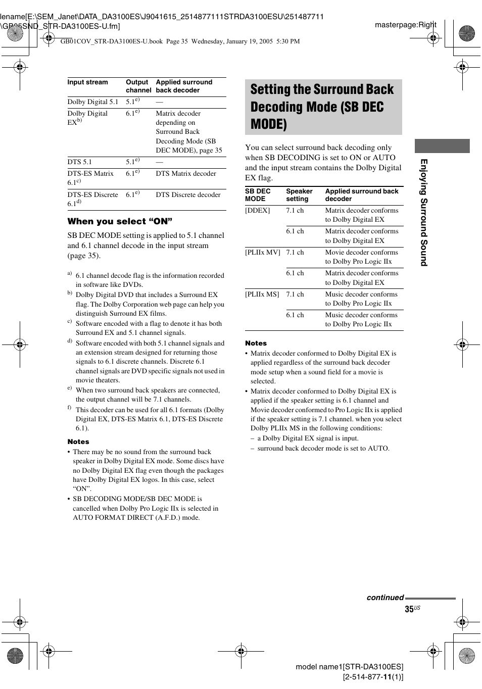 Setting the surround back decoding, Mode (sb dec mode) | Sony STR-DA3100ES User Manual | Page 35 / 80