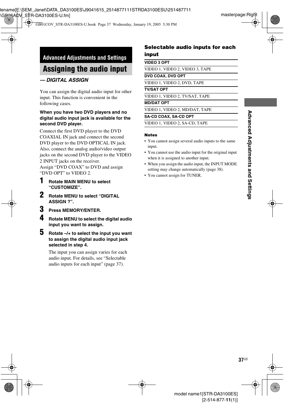 Advanced adjustments and settings, Assigning the audio input, Digital assign | Sony STR-DA3100ES User Manual | Page 37 / 80