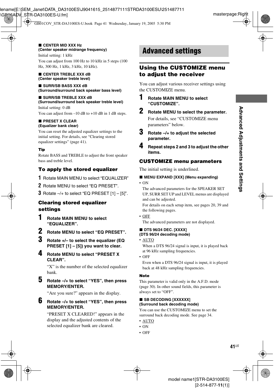 Advanced settings | Sony STR-DA3100ES User Manual | Page 41 / 80