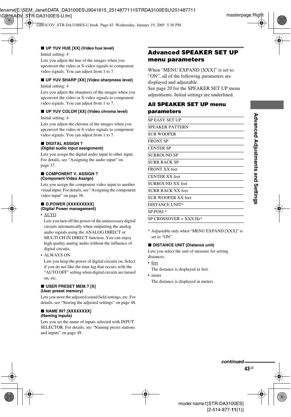 Advanced speaker set up menu parameters | Sony STR-DA3100ES User Manual | Page 43 / 80