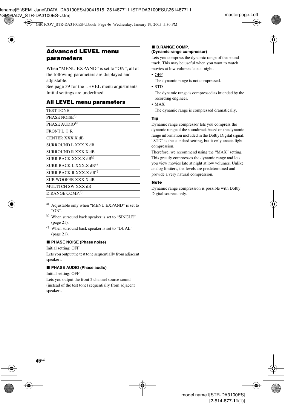 Advanced level menu parameters | Sony STR-DA3100ES User Manual | Page 46 / 80