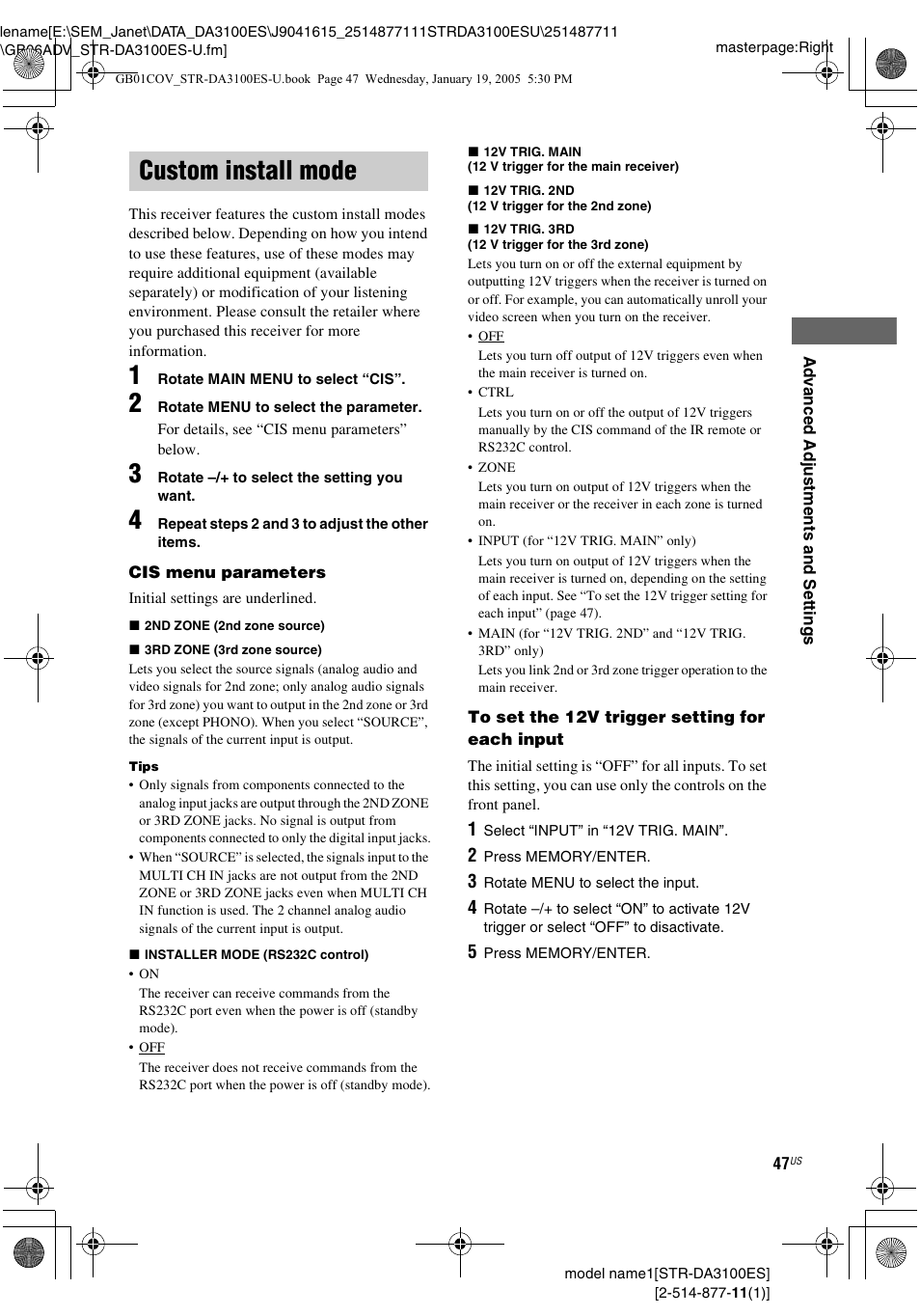 Custom install mode | Sony STR-DA3100ES User Manual | Page 47 / 80