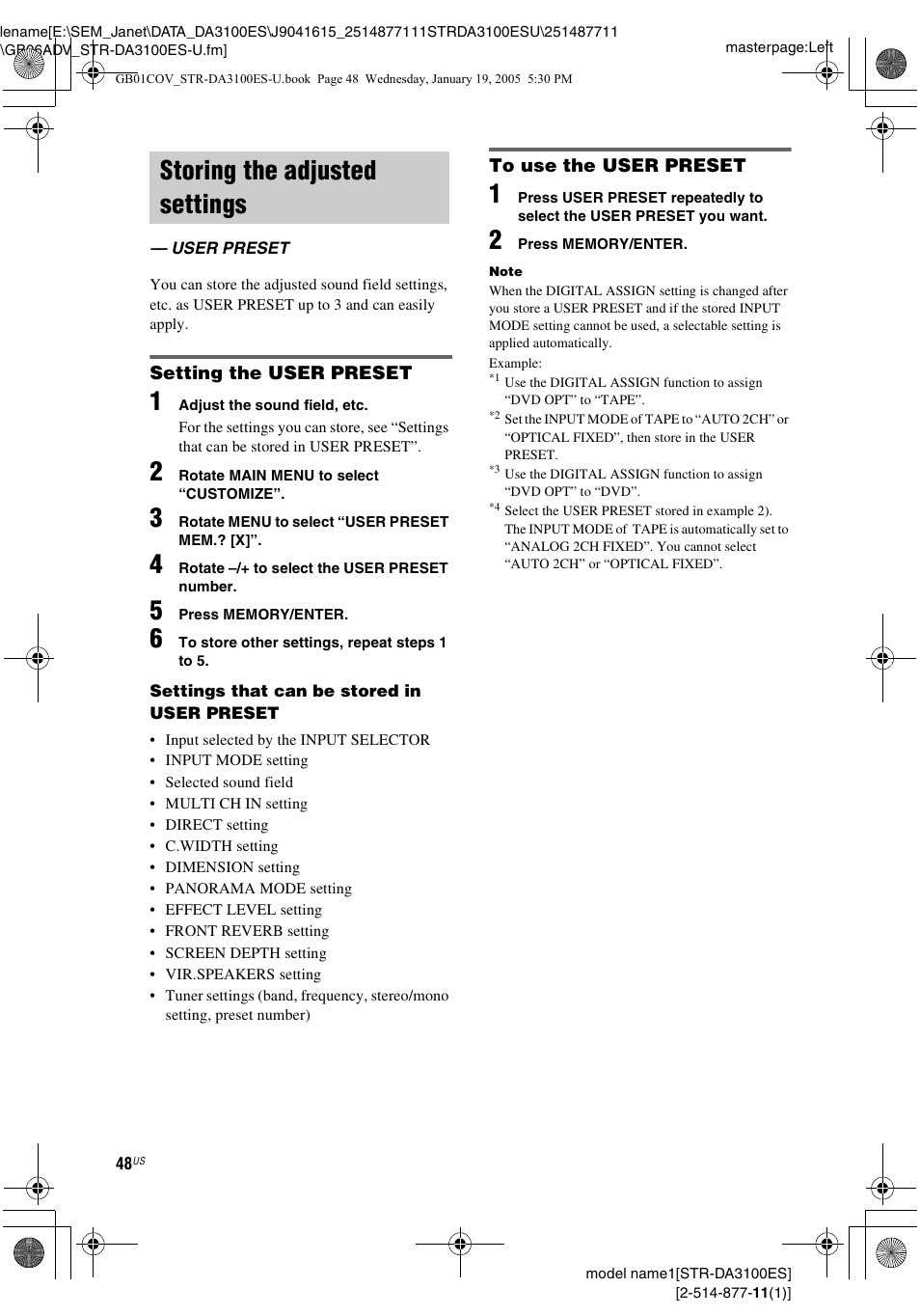 Storing the adjusted settings, User preset | Sony STR-DA3100ES User Manual | Page 48 / 80