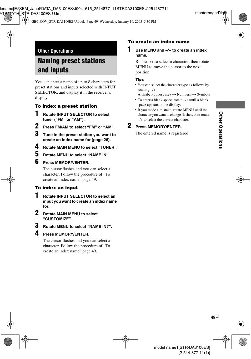 Other operations, Naming preset stations and inputs | Sony STR-DA3100ES User Manual | Page 49 / 80