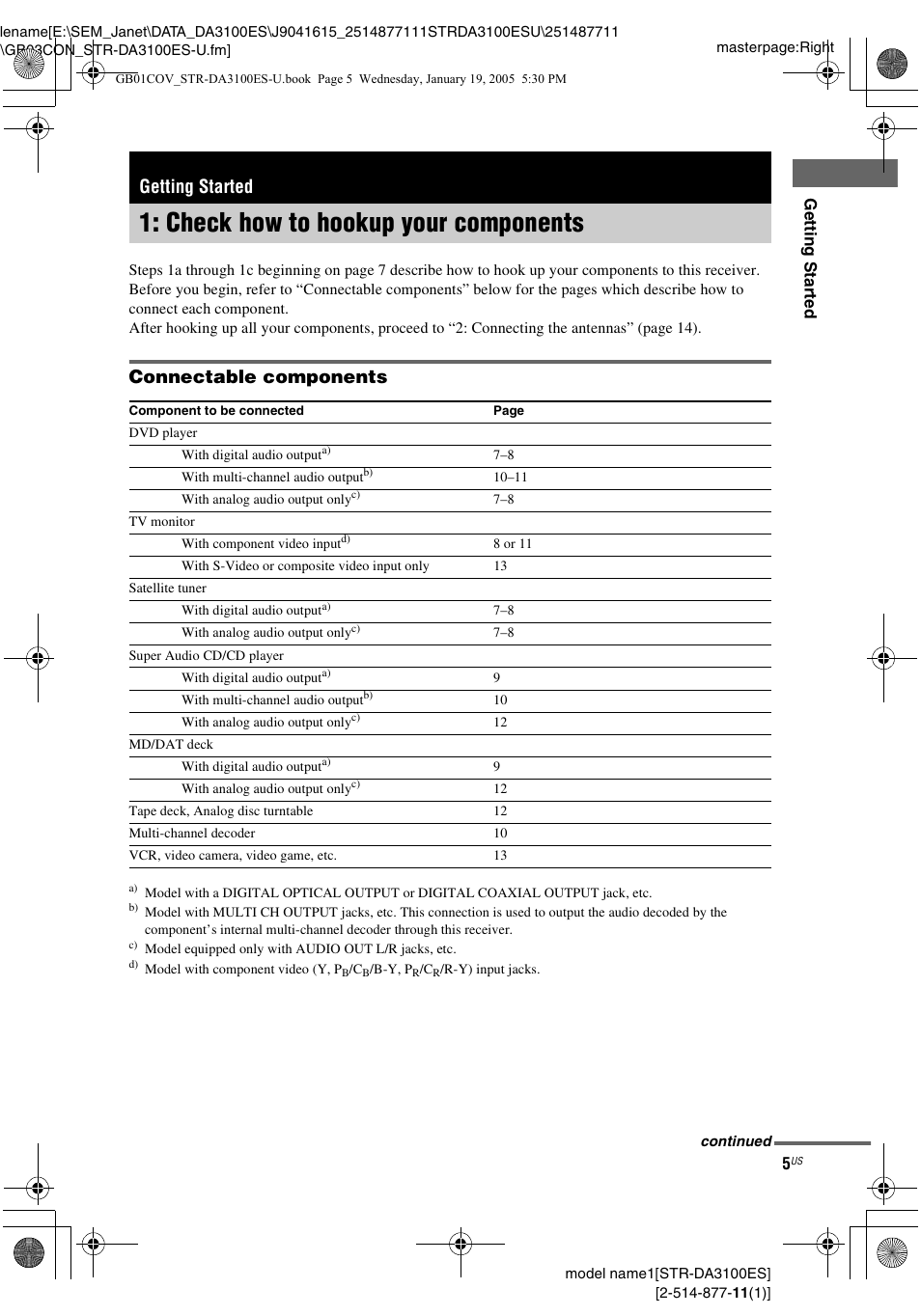 Getting started, Check how to hookup your components, Check how to hookup your | Components, Connectable components | Sony STR-DA3100ES User Manual | Page 5 / 80