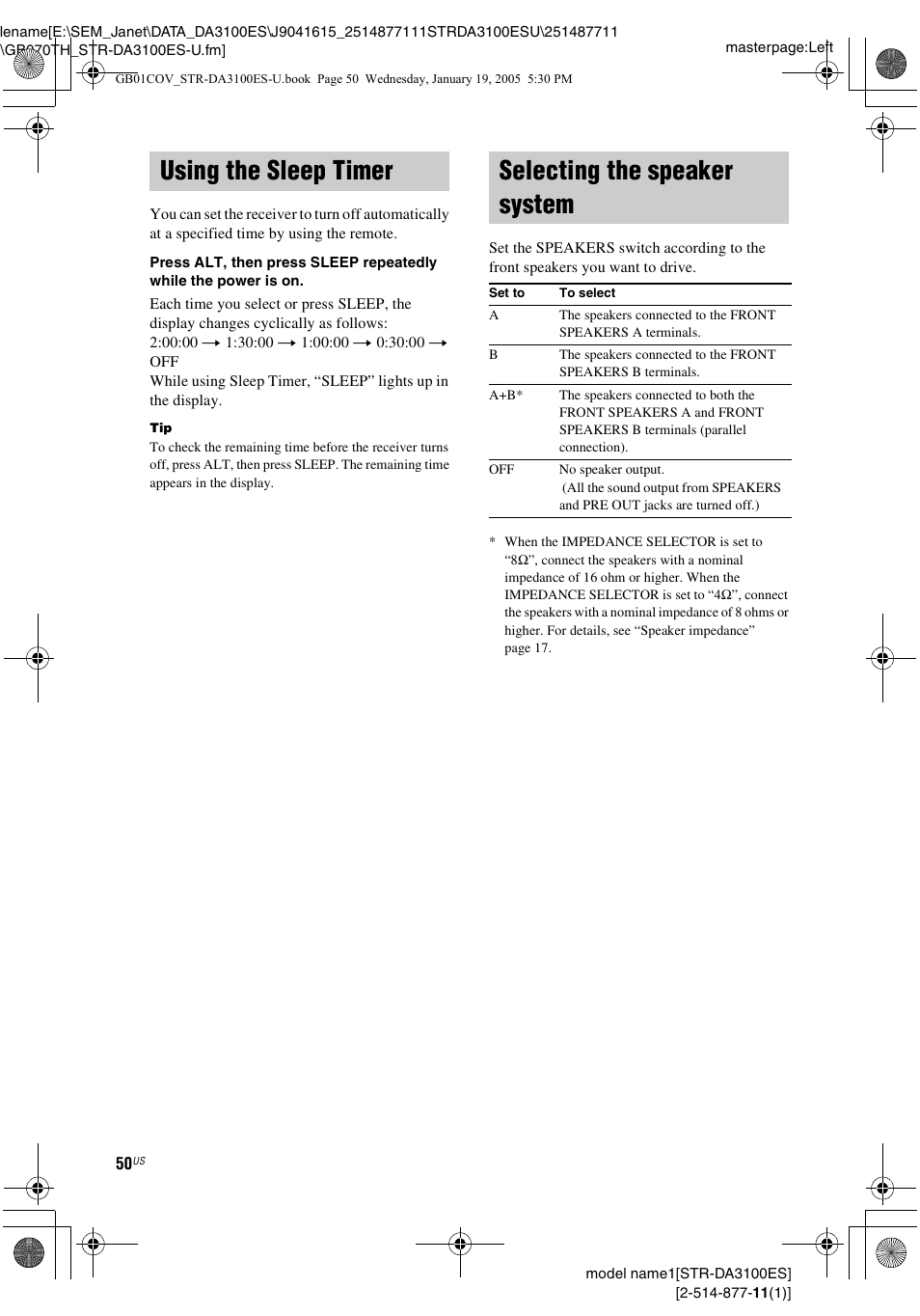 Using the sleep timer, Selecting the speaker system, Using the sleep timer selecting the speaker system | Sony STR-DA3100ES User Manual | Page 50 / 80