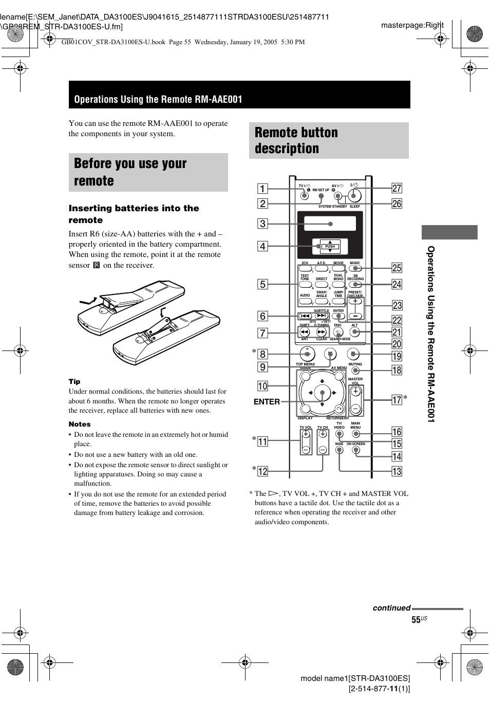 Operations using the remote rm-aae001, Before you use your remote, Remote button description | Wj wh wg wf wa w; qk qh qg qd qf qj * ws, Ope ra tions us ing the re m o te rm-aae0 0 1, Inserting batteries into the remote, Enter, Continued | Sony STR-DA3100ES User Manual | Page 55 / 80