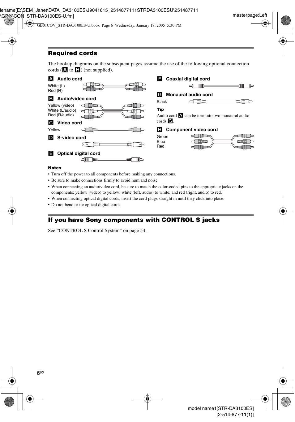 Required cords, If you have sony components with control s jacks | Sony STR-DA3100ES User Manual | Page 6 / 80