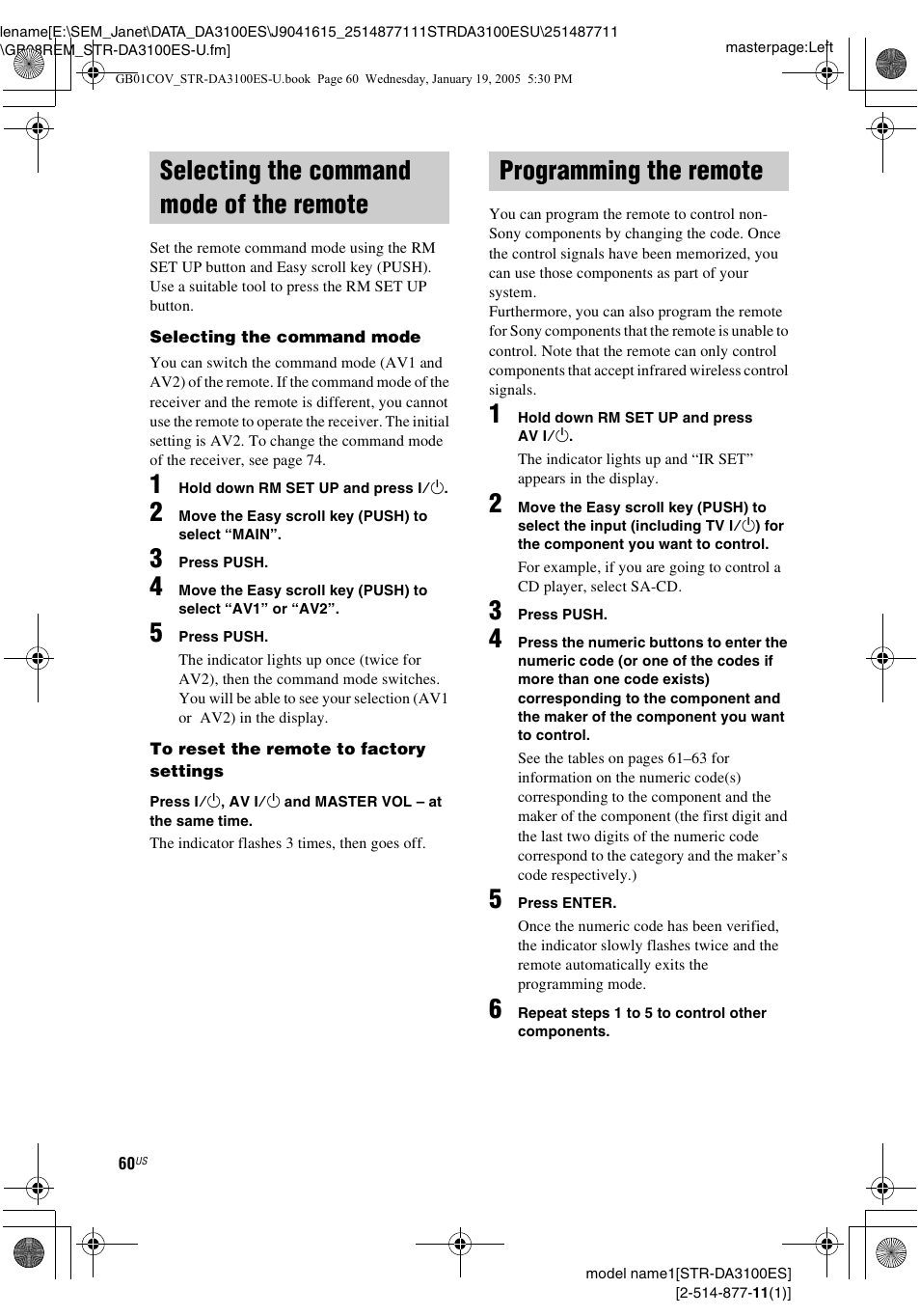 Selecting the command mode of the remote, Programming the remote, Selecting the command mode of the | Remote | Sony STR-DA3100ES User Manual | Page 60 / 80