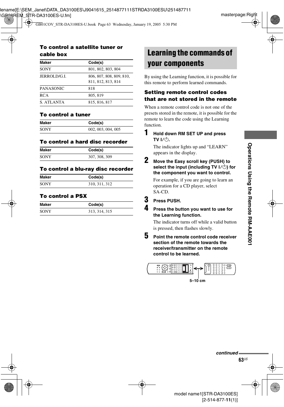 Learning the commands of your components, Learning the commands of your, Components | Sony STR-DA3100ES User Manual | Page 63 / 80