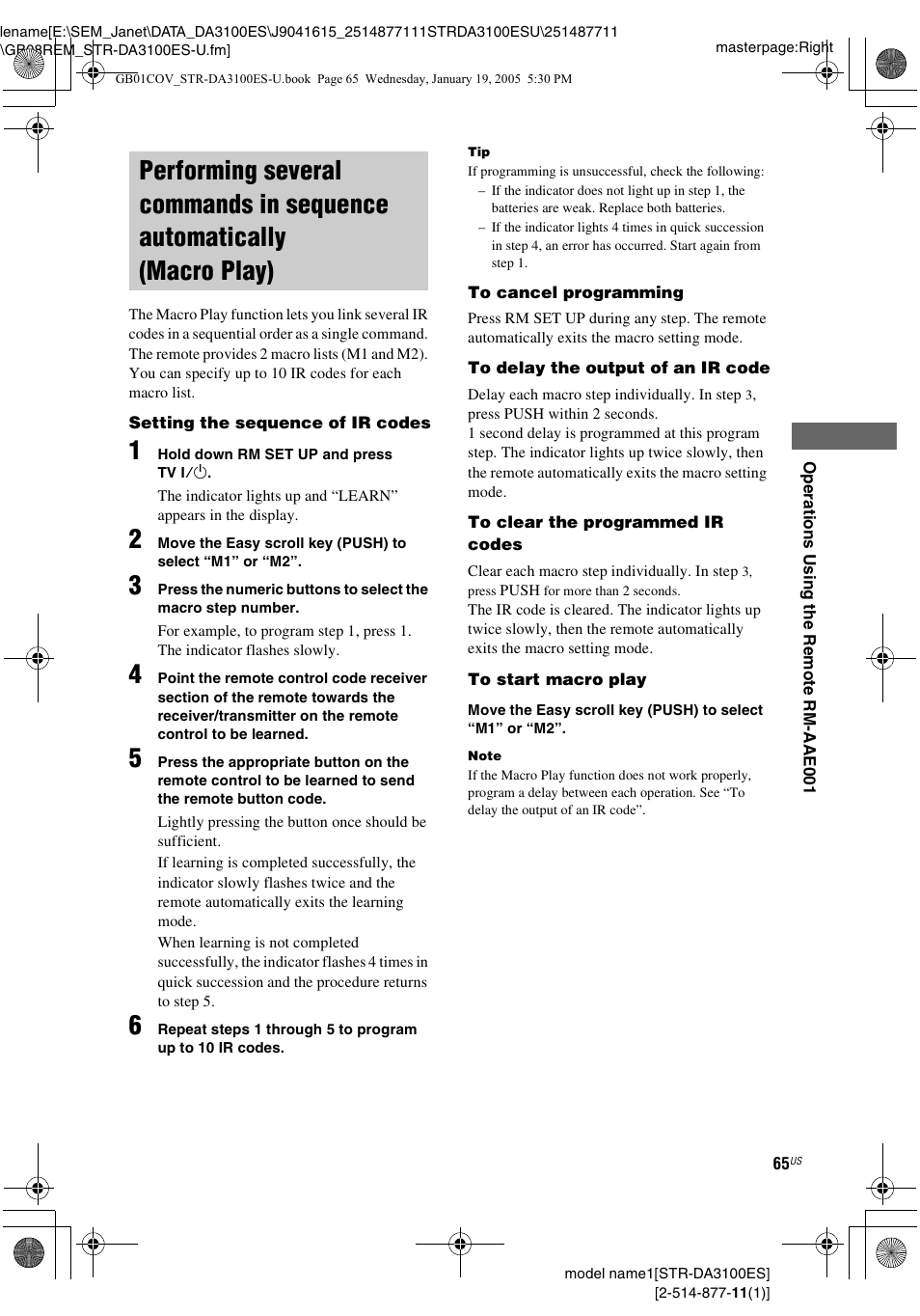 Performing several commands in, Sequence automatically (macro play) | Sony STR-DA3100ES User Manual | Page 65 / 80