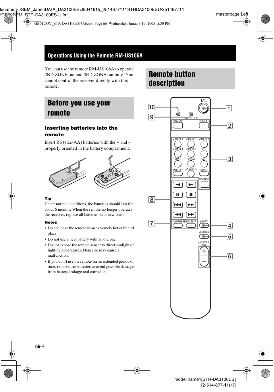 Operations using the remote rm-us106a, Before you use your remote, Remote button description | Sony STR-DA3100ES User Manual | Page 66 / 80