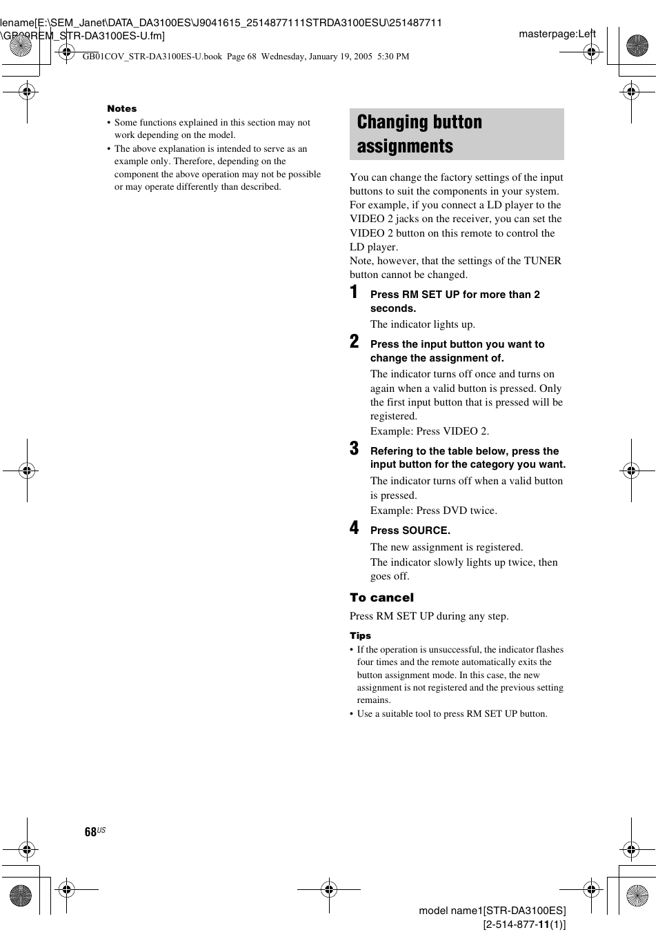 Changing button assignments | Sony STR-DA3100ES User Manual | Page 68 / 80