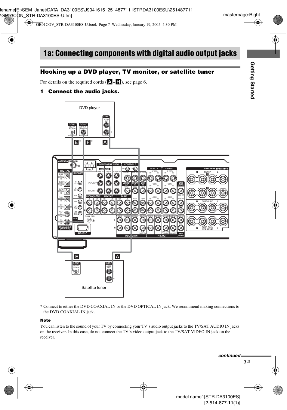 1a: connecting components with, Digital audio output jacks, Gettin g star ted | 1connect the audio jacks, Ae a, Continued, Satellite tuner dvd player | Sony STR-DA3100ES User Manual | Page 7 / 80