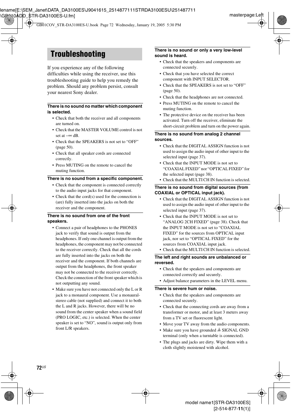 Troubleshooting | Sony STR-DA3100ES User Manual | Page 72 / 80