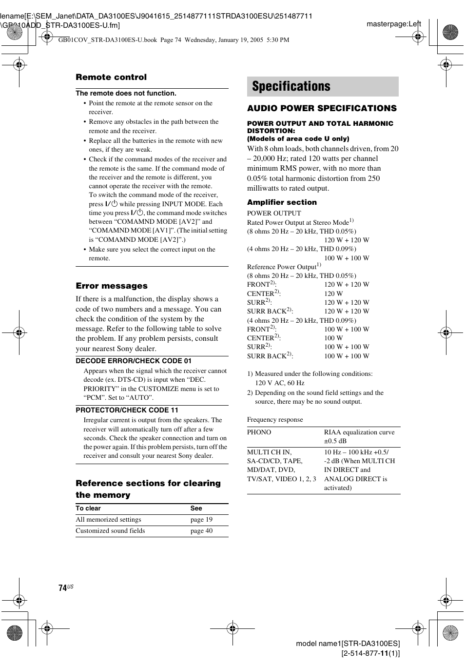 Specifications | Sony STR-DA3100ES User Manual | Page 74 / 80