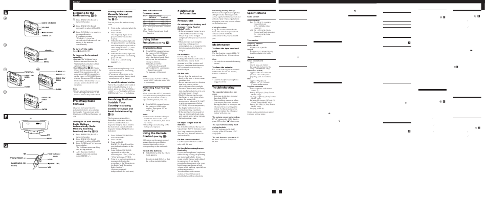 Ef g, Ad b c e, Вÿ‰лв« †«ч«·н | Listening to the radio, Presetting radio stations, Receiving stations outside your country, Using other functions, Using the remote control, Zadditional information precautions, Maintenance | Sony WM-FX571 User Manual | Page 2 / 2