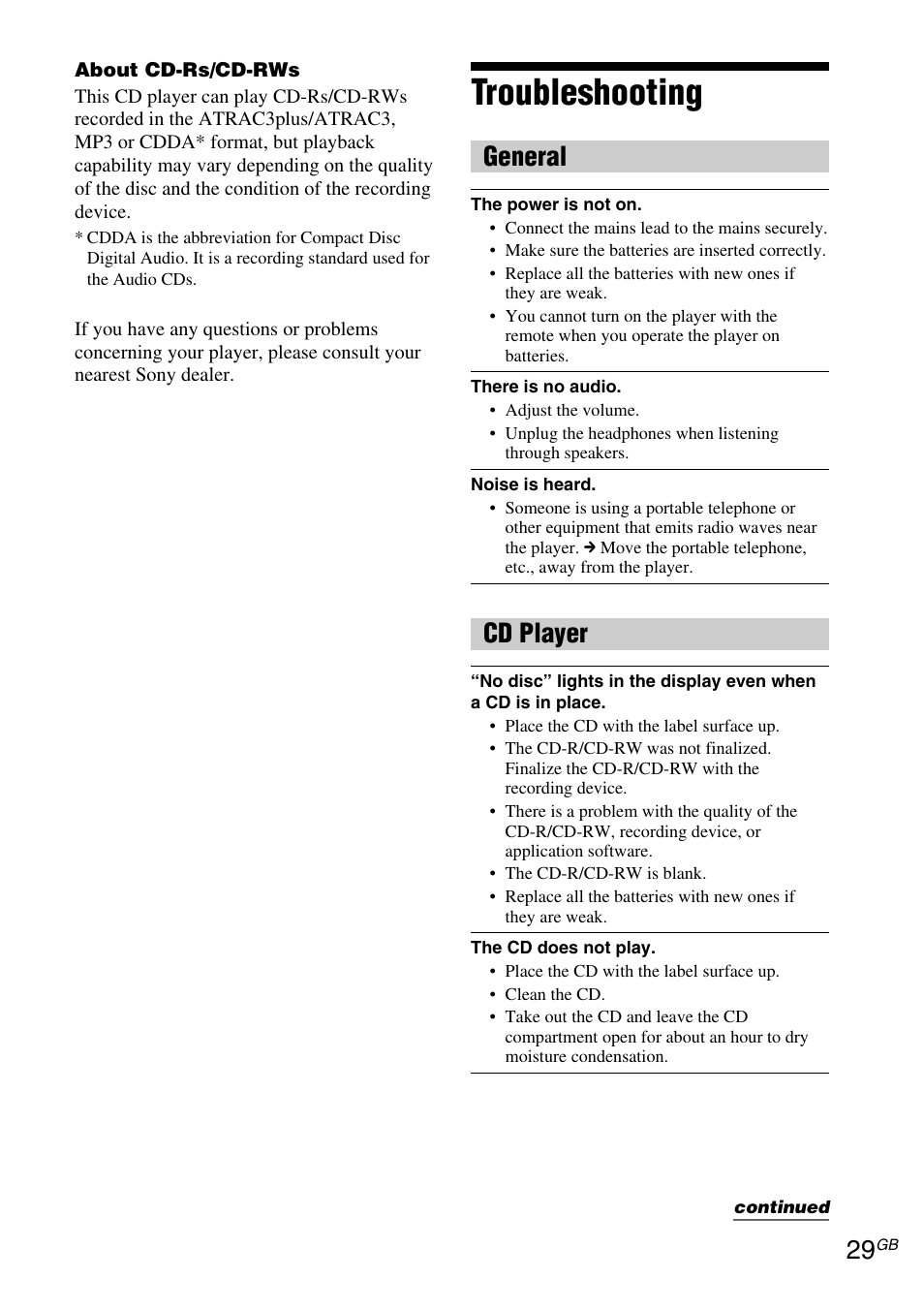 Troubleshooting, General, Cd player | Sony ZS-YN7L User Manual | Page 29 / 68