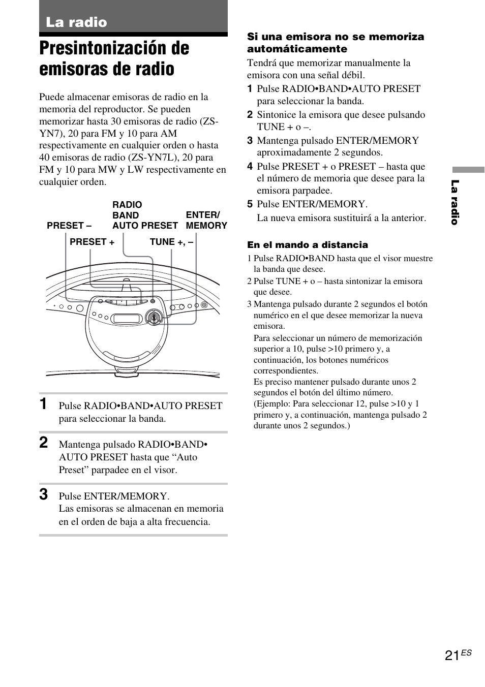 La radio, Presintonización de emisoras de radio | Sony ZS-YN7L User Manual | Page 53 / 68