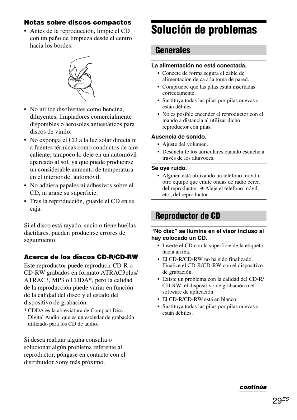 Solución de problemas, Generales, Reproductor de cd | Sony ZS-YN7L User Manual | Page 61 / 68