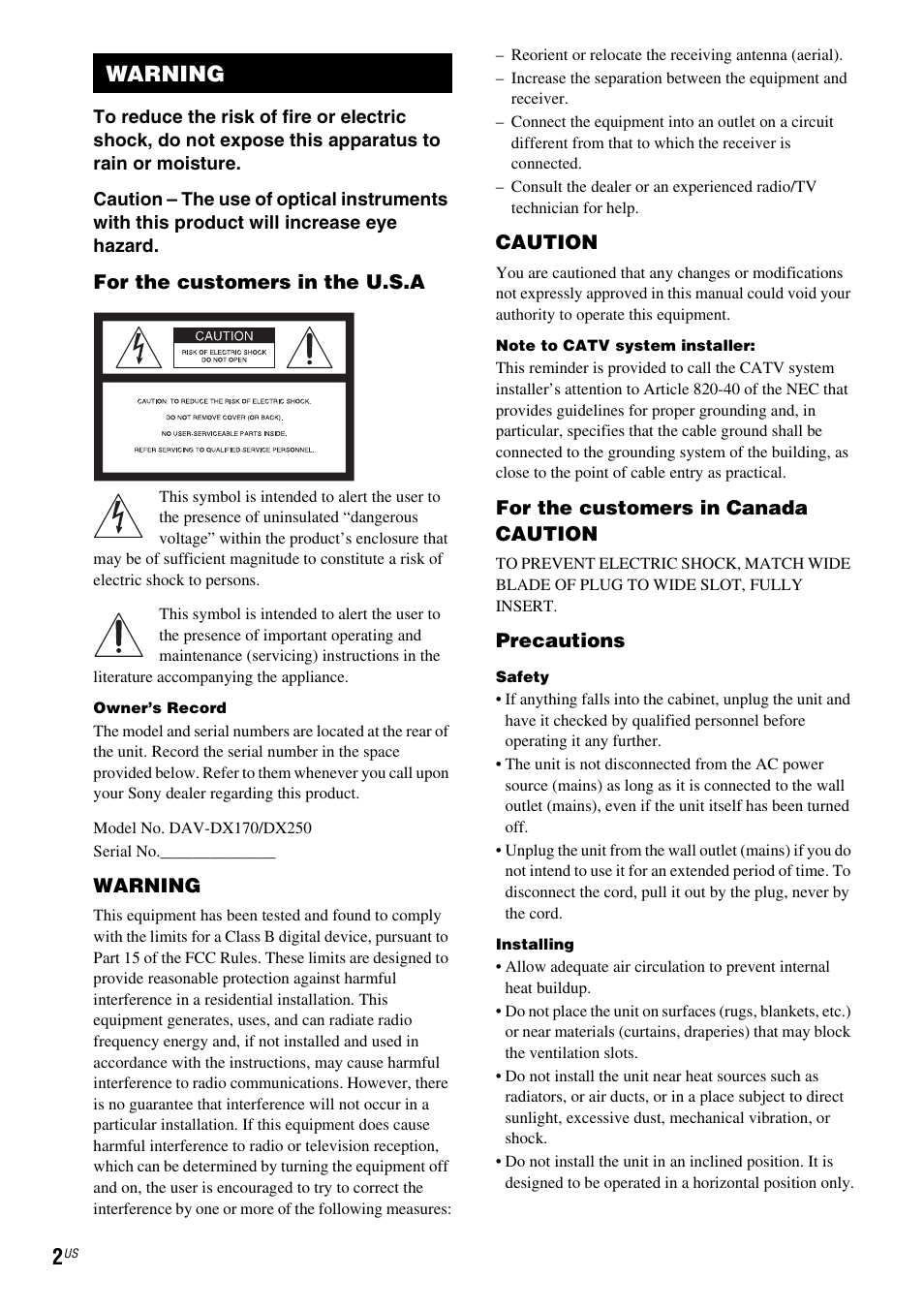 Warning | Sony DX250 User Manual | Page 2 / 96