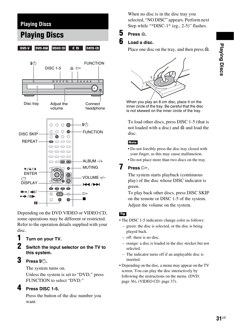 Playing discs | Sony DX250 User Manual | Page 31 / 96