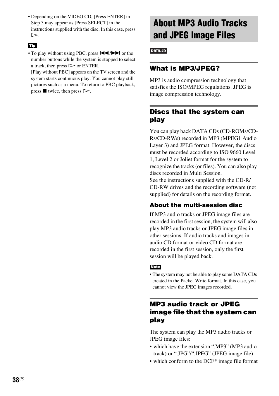 About mp3 audio tracks and jpeg image files, What is mp3/jpeg, Discs that the system can play | About mp3 audio tracks and jpeg, Image files | Sony DX250 User Manual | Page 38 / 96