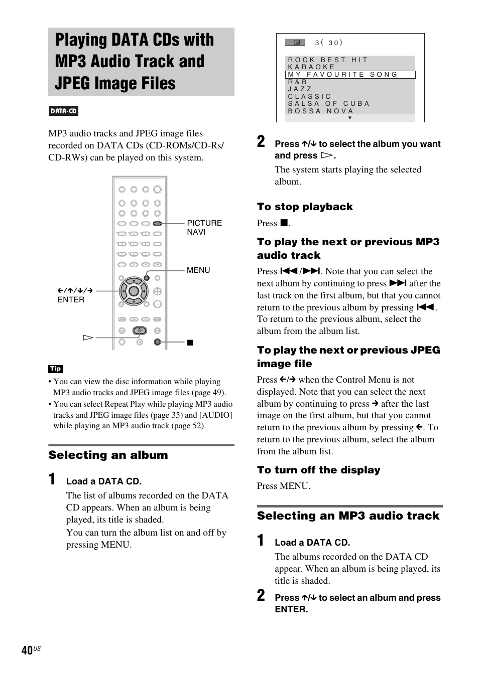 Selecting an album, Selecting an mp3 audio track, Playing data cds with mp3 audio | Track and jpeg image files | Sony DX250 User Manual | Page 40 / 96