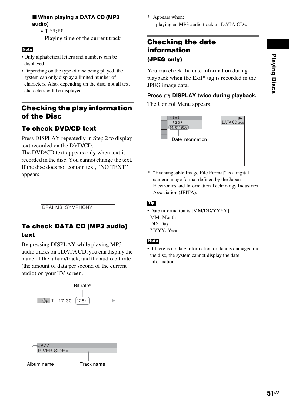 Checking the play information of the disc, Checking the date information | Sony DX250 User Manual | Page 51 / 96