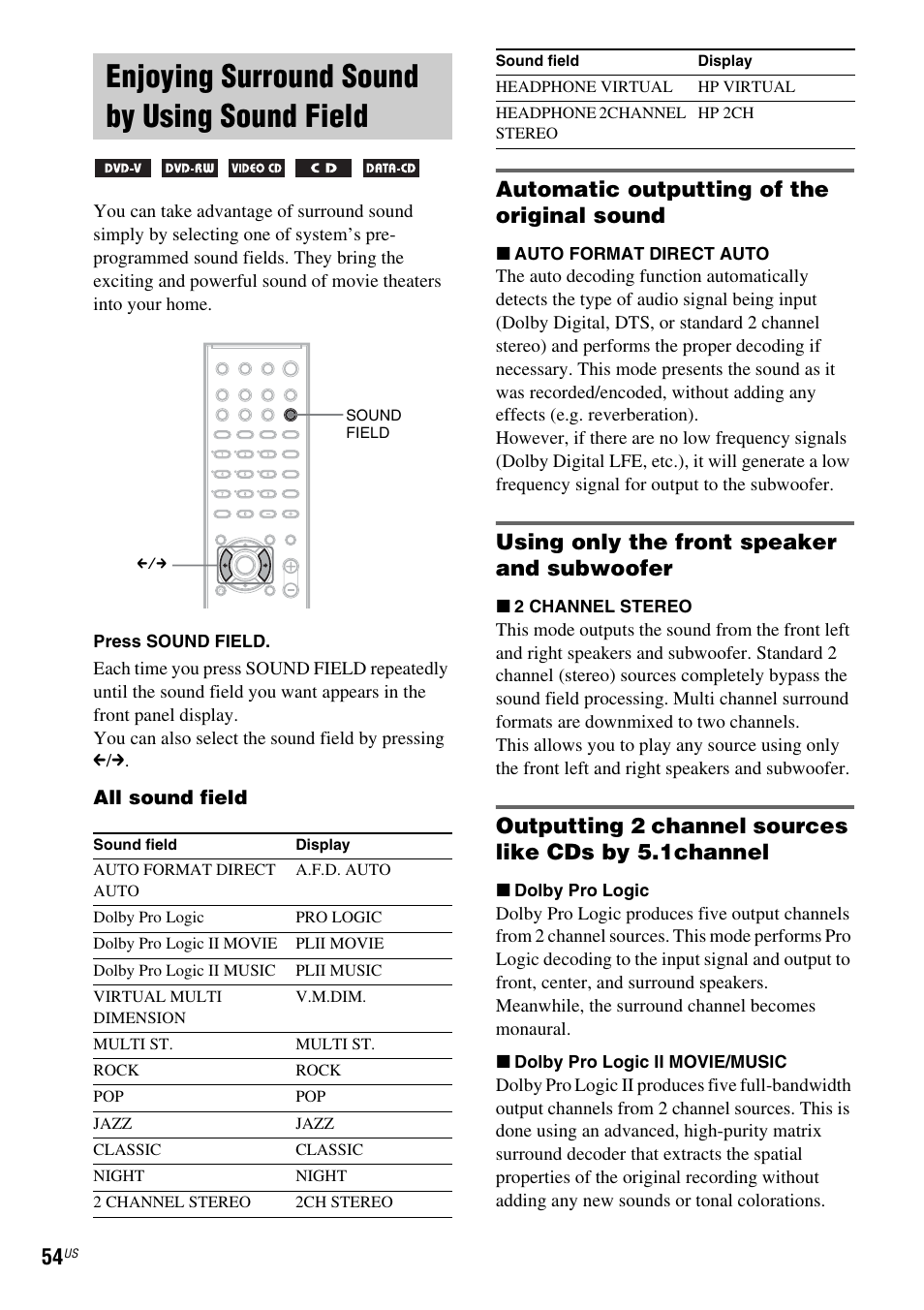 Enjoying surround sound by using sound field, Automatic outputting of the original sound, Using only the front speaker and subwoofer | Enjoying surround sound by using sound, Field | Sony DX250 User Manual | Page 54 / 96