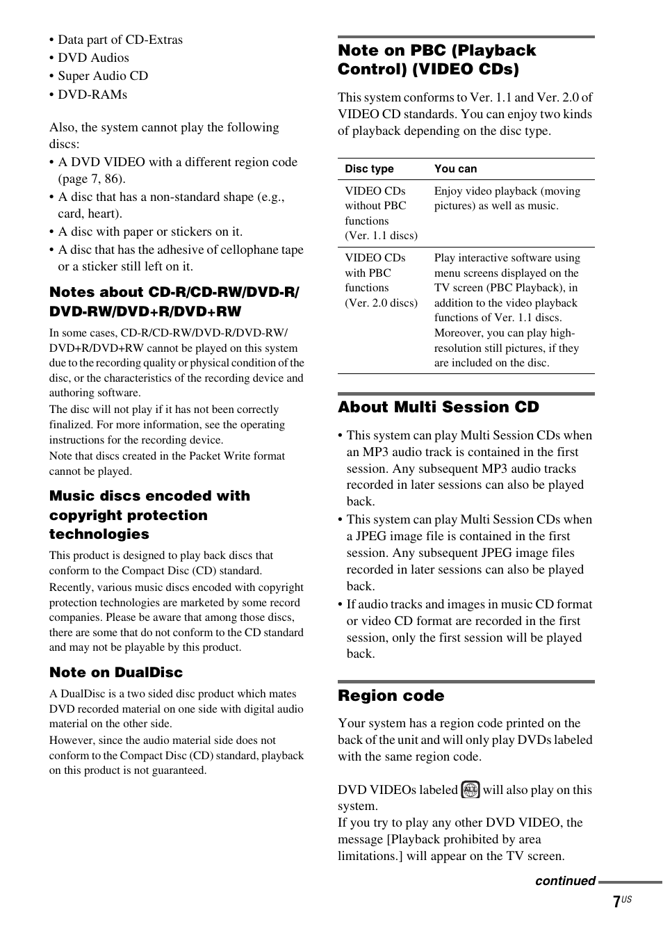 Note on pbc (playback control) (video cds), About multi session cd, Region code | Sony DX250 User Manual | Page 7 / 96