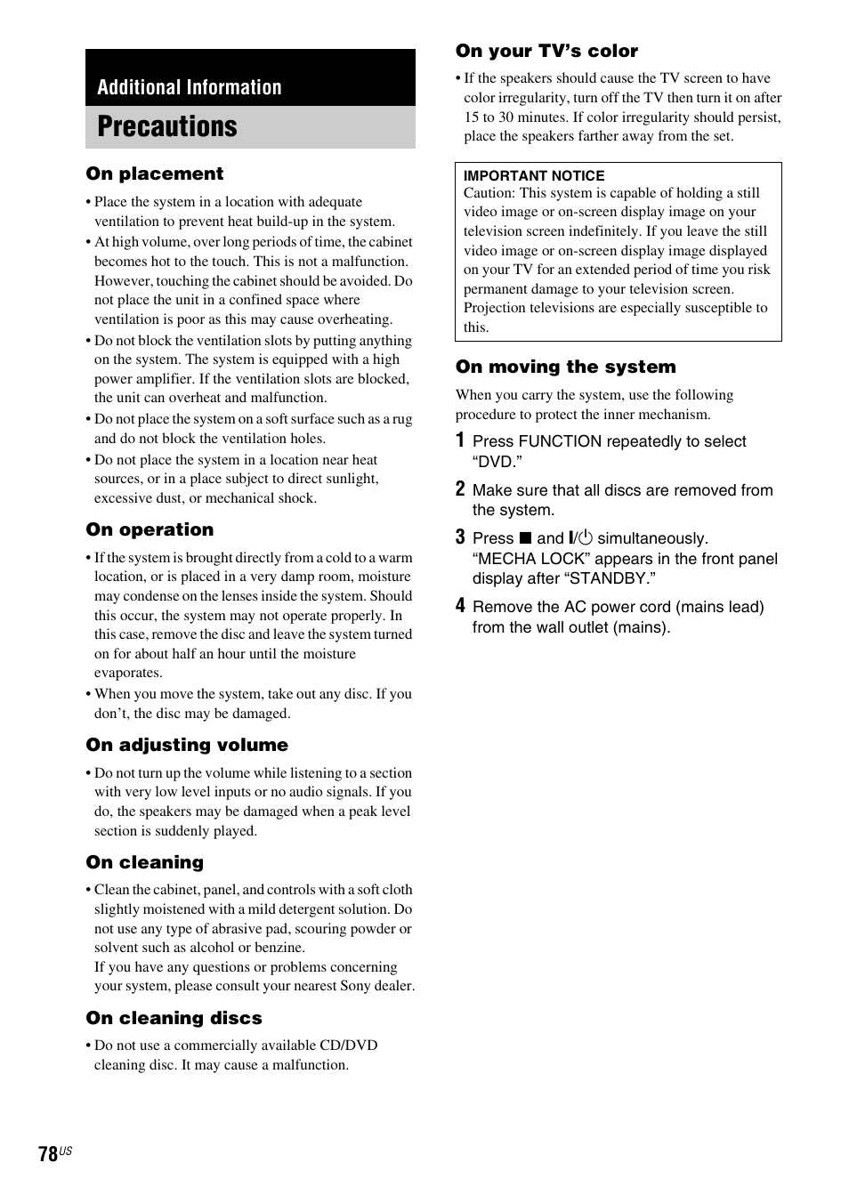 Additional information, Precautions | Sony DX250 User Manual | Page 78 / 96