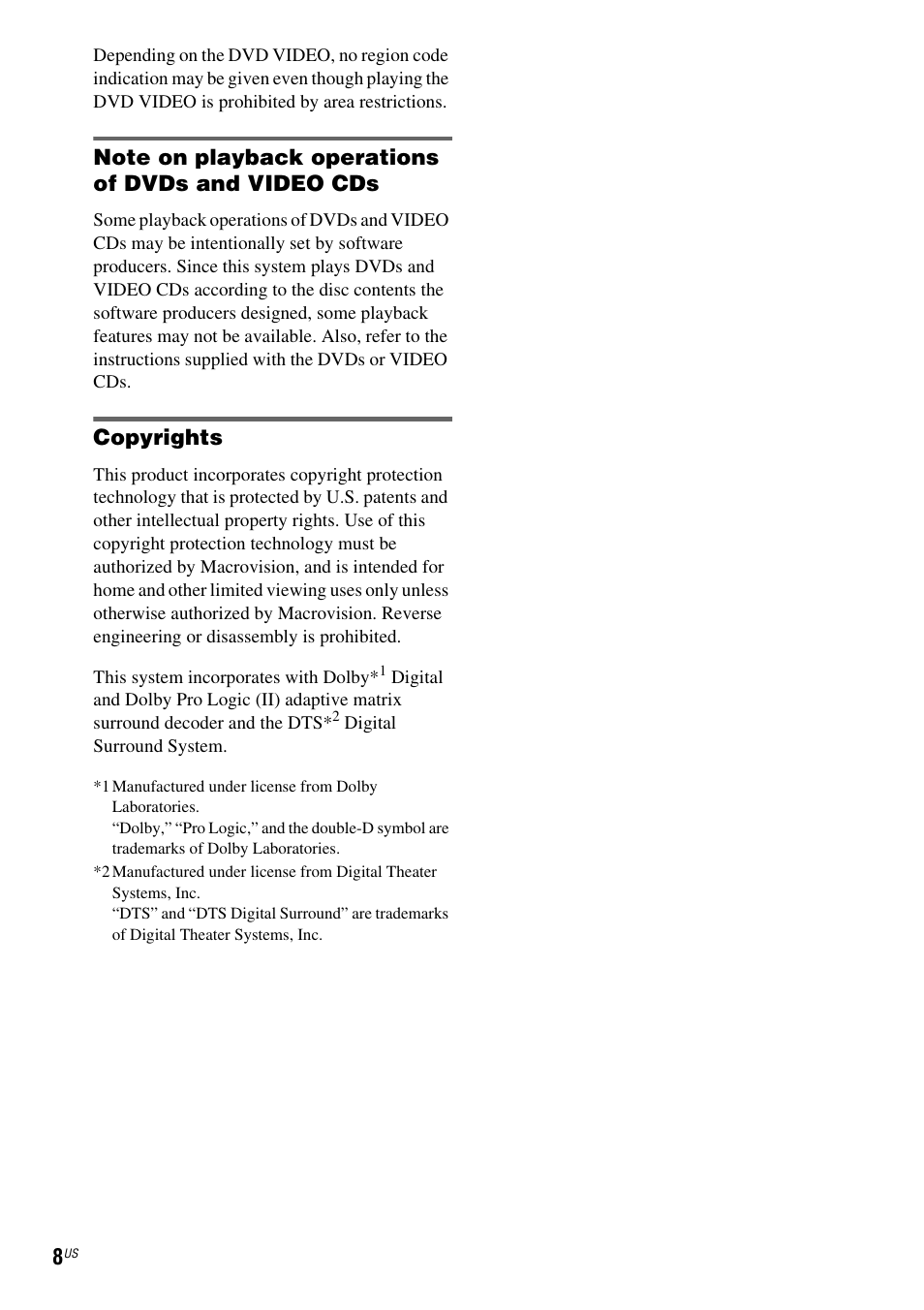 Note on playback operations of dvds and video cds, Copyrights | Sony DX250 User Manual | Page 8 / 96