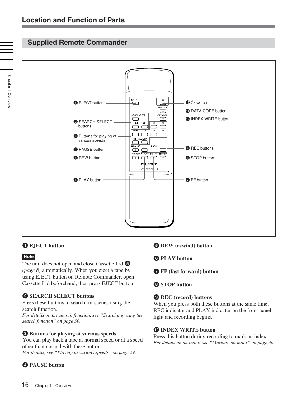 Supplied remote commander, Location and function of parts | Sony HVR-M15P User Manual | Page 16 / 80