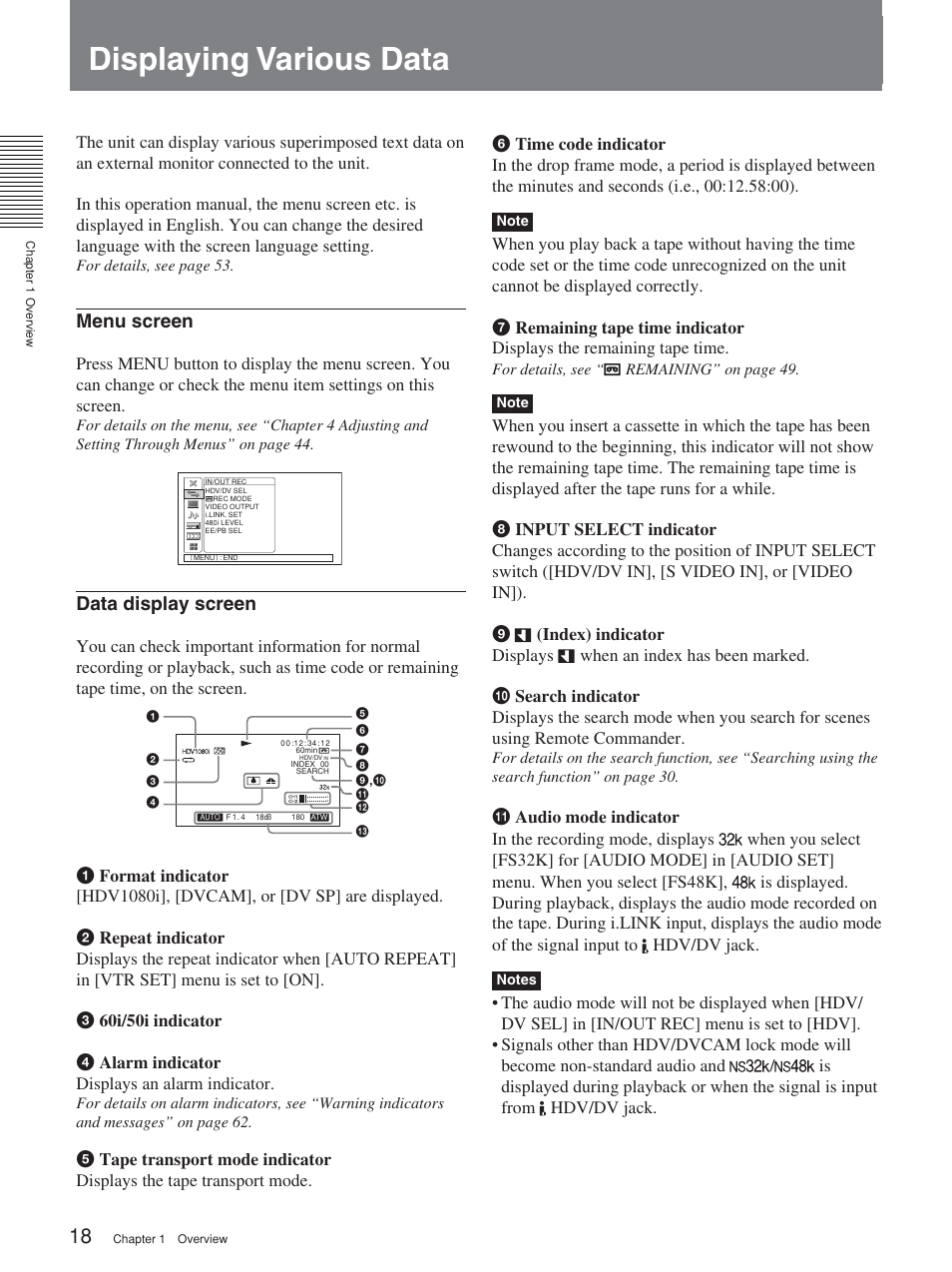 Displaying various data, Menu screen, Data display screen | Sony HVR-M15P User Manual | Page 18 / 80