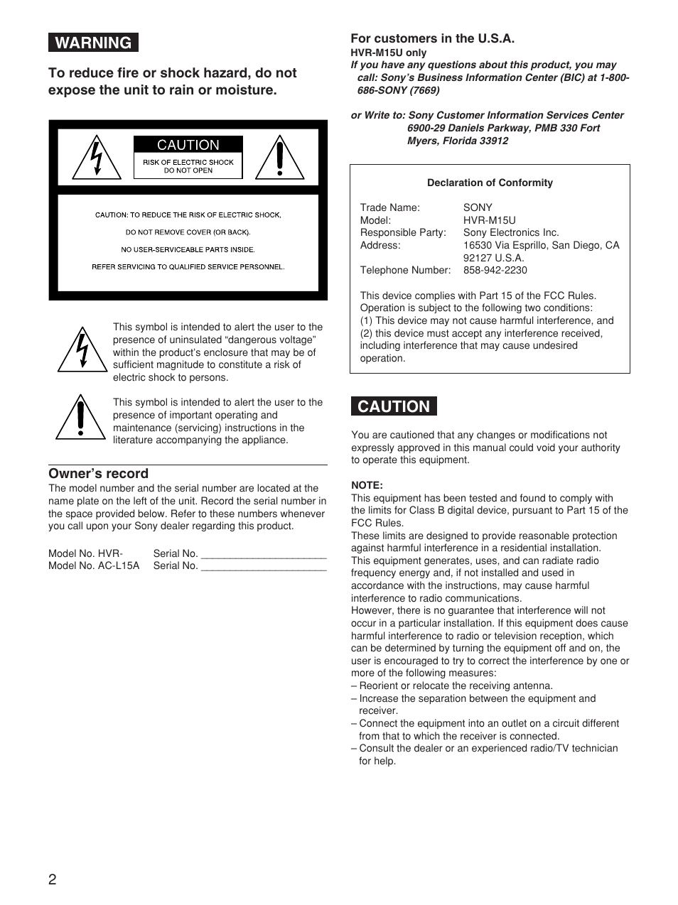 Warning, Caution, Owner’s record | Sony HVR-M15P User Manual | Page 2 / 80