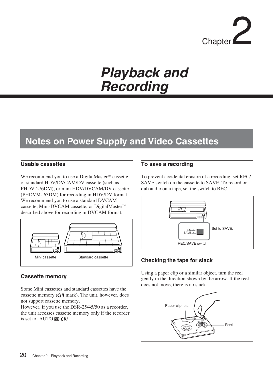 Chapter 2 playback and recording, Notes on power supply and video cassettes, Playback and recording | Chapter | Sony HVR-M15P User Manual | Page 20 / 80