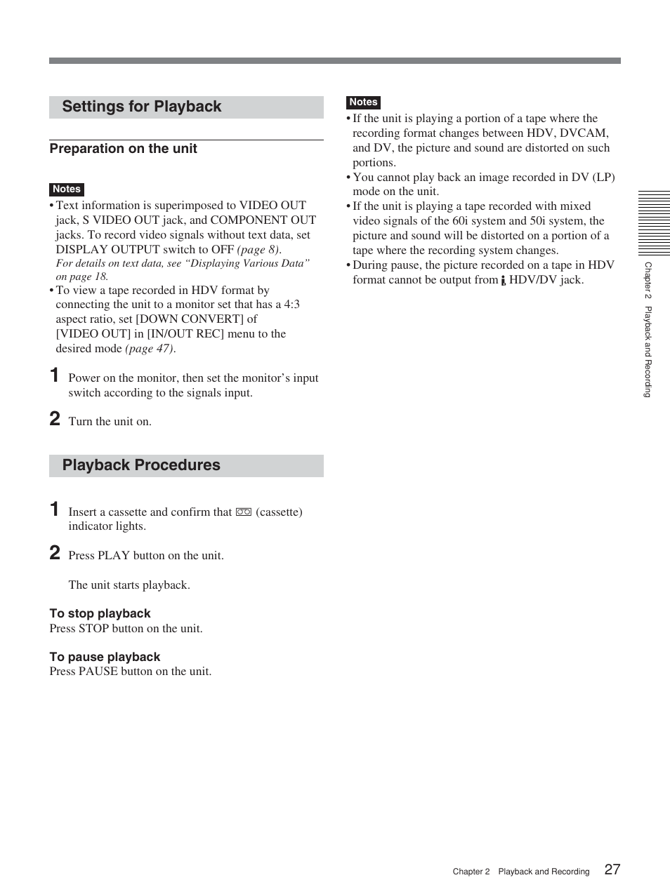 Settings for playback, Playback procedures | Sony HVR-M15P User Manual | Page 27 / 80