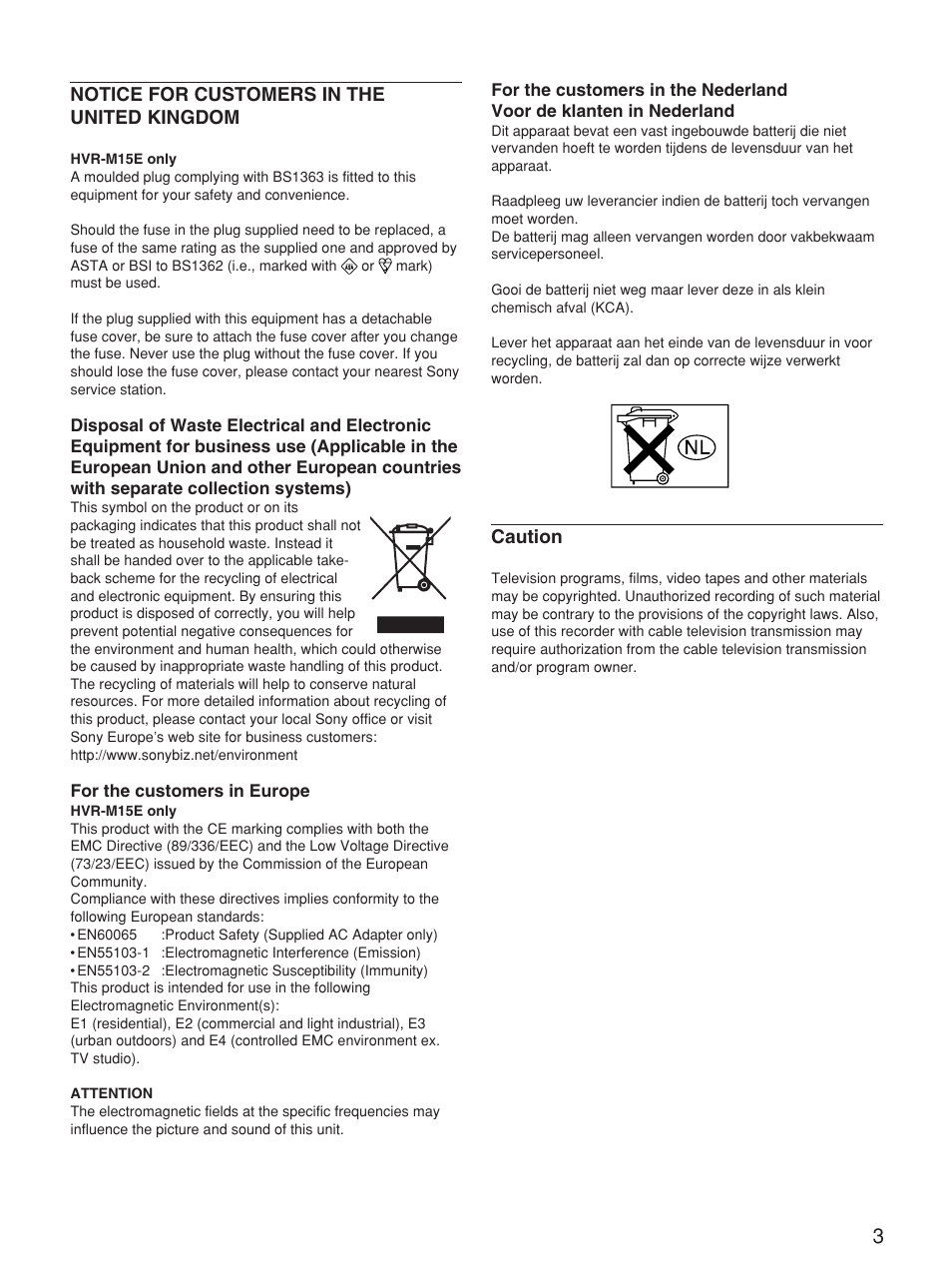 Notice for customers in the united kingdom, English, Caution | Sony HVR-M15P User Manual | Page 3 / 80