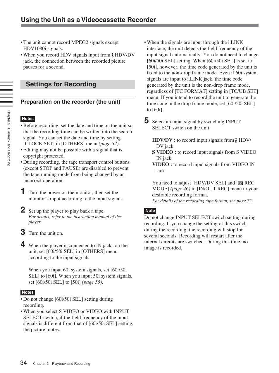 Settings for recording, Using the unit as a videocassette recorder | Sony HVR-M15P User Manual | Page 34 / 80