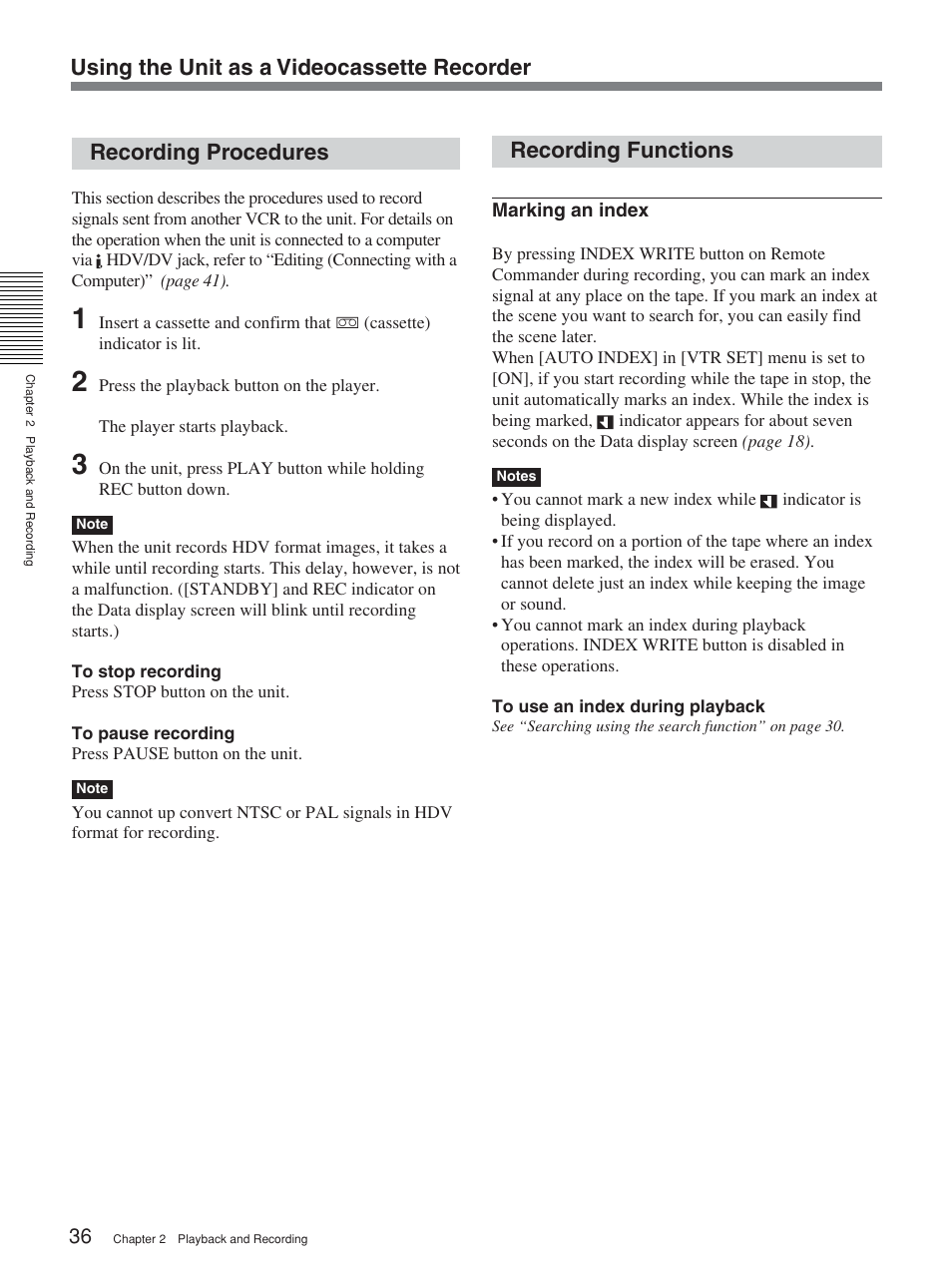 Recording procedures, Recording functions | Sony HVR-M15P User Manual | Page 36 / 80