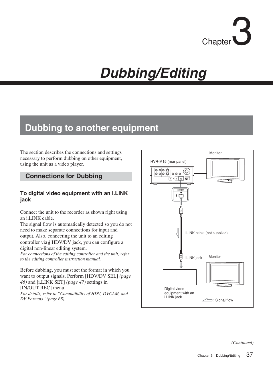 Chapter 3 dubbing/editing, Dubbing to another equipment, Connections for dubbing | Dubbing/editing, Chapter | Sony HVR-M15P User Manual | Page 37 / 80