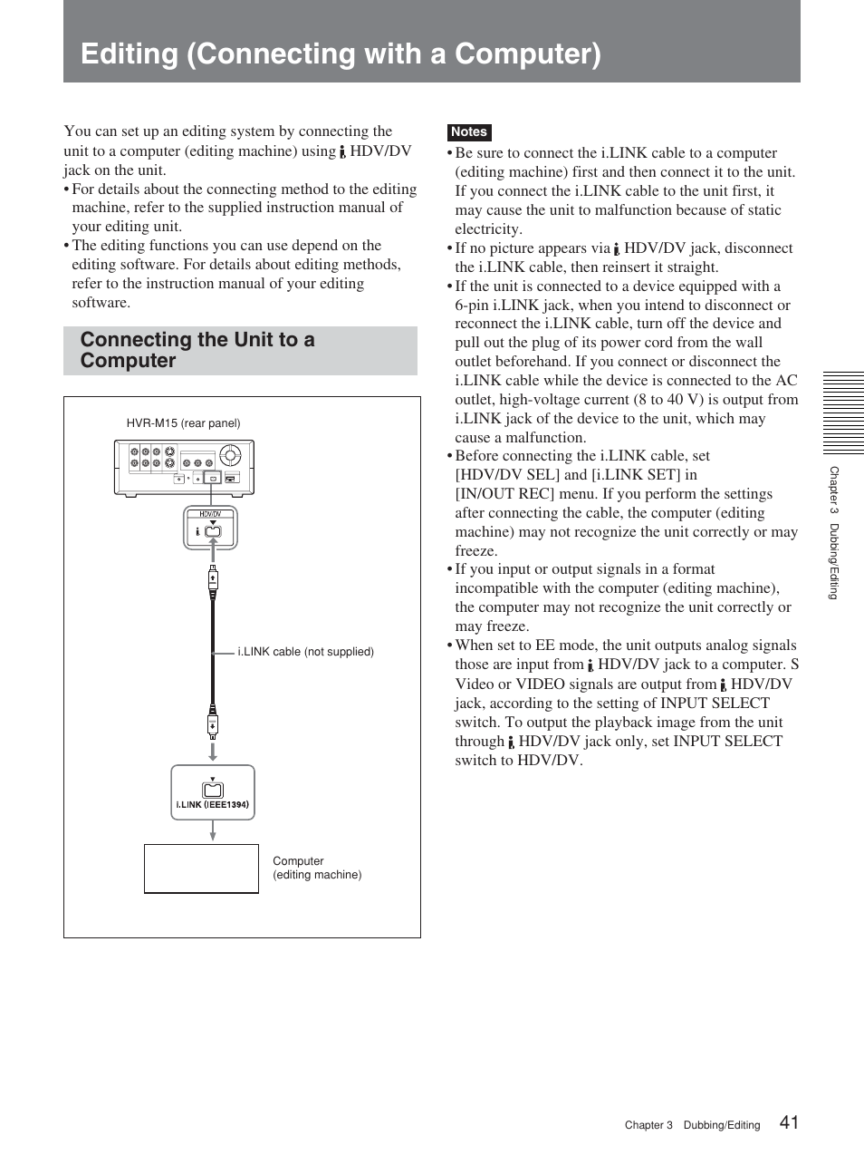 Editing (connecting with a computer), Connecting the unit to a computer | Sony HVR-M15P User Manual | Page 41 / 80