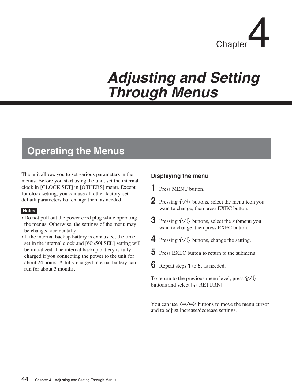 Chapter 4 adjusting and setting through menus, Operating the menus, Adjusting and setting through menus | Chapter | Sony HVR-M15P User Manual | Page 44 / 80