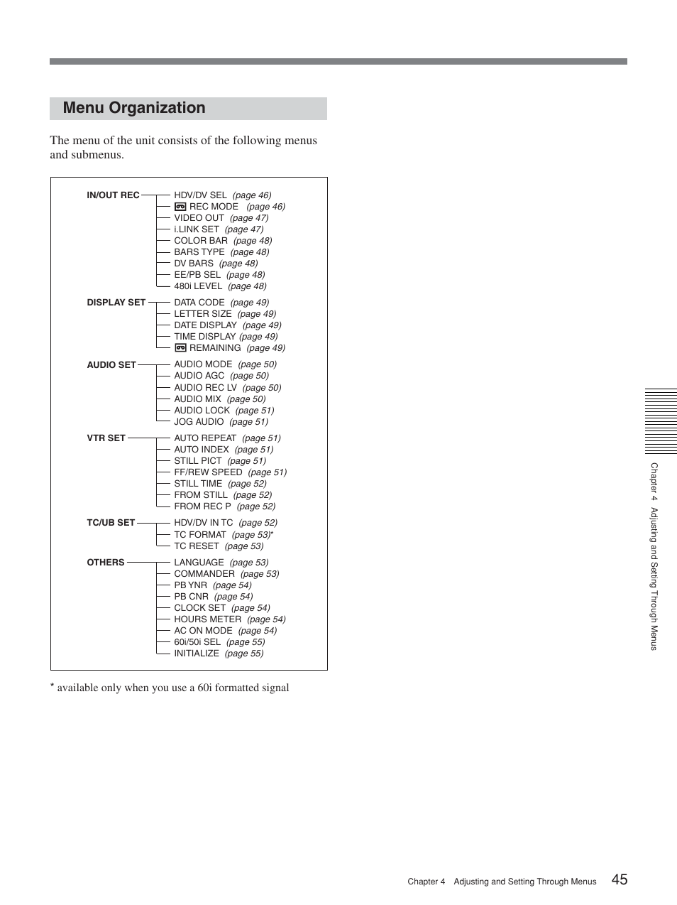 Menu organization | Sony HVR-M15P User Manual | Page 45 / 80