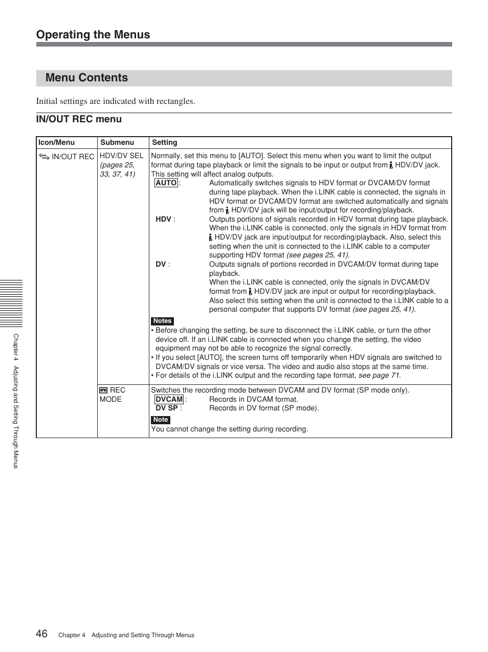 Menu contents, Operating the menus, In/out rec menu | Sony HVR-M15P User Manual | Page 46 / 80