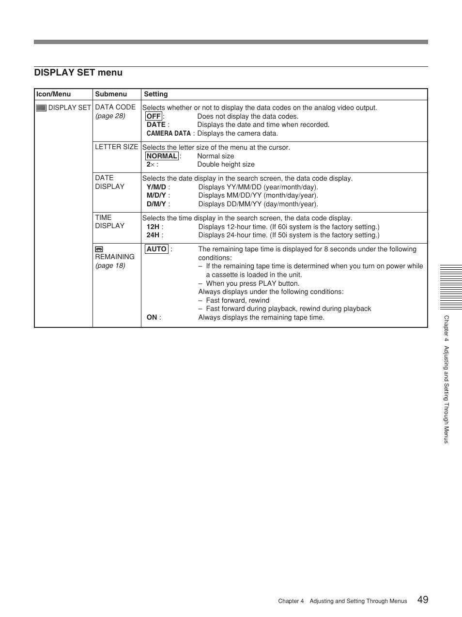 Display set menu | Sony HVR-M15P User Manual | Page 49 / 80