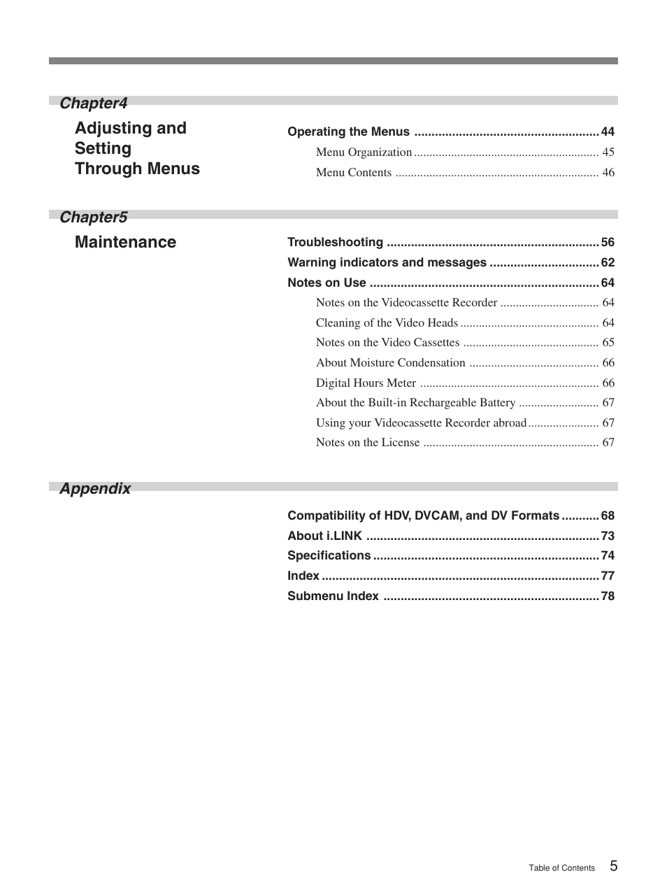 Adjusting and setting through menus, Maintenance, Chapter4 | Chapter5, Appendix | Sony HVR-M15P User Manual | Page 5 / 80