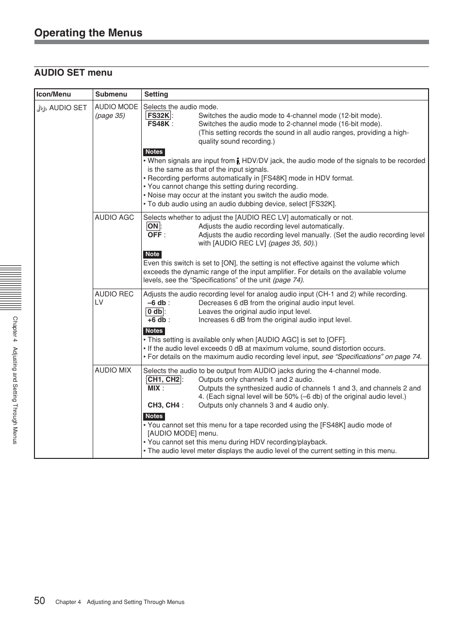 Operating the menus, Audio set menu | Sony HVR-M15P User Manual | Page 50 / 80