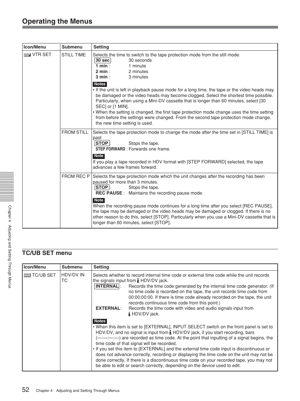 Operating the menus, Tc/ub set menu | Sony HVR-M15P User Manual | Page 52 / 80